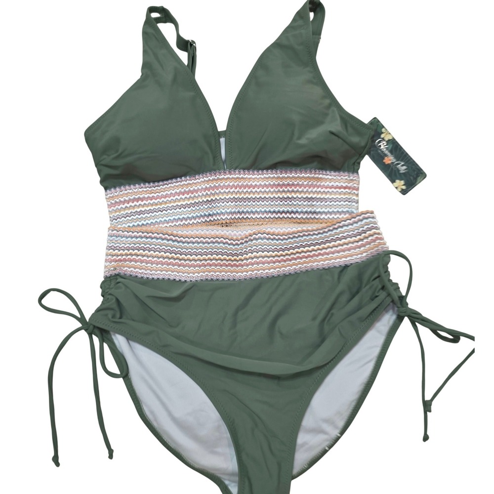 Blooming Jelly Womens Olive Green High Waisted Bikini Set Crochet Trim Size M - Picture 2 of 5